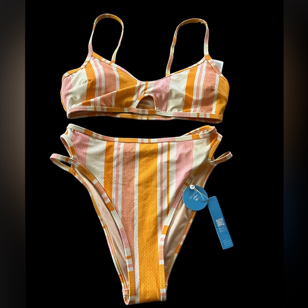 Cupshe Striped Cutout Bralette & Cheeky High-Leg Cut Bikini Set medium new
